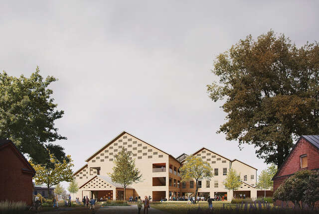 Large wooden structure exterior with trees surrounding it.