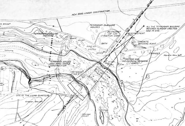 Black and white line drawing of the site of the power plant. The site includes temporary dwelling houses, a temporary bridge and road under construction, first aid station, restaurant of construction camp, machine and electrical repairing shops an d site of the living quarters amongst others.