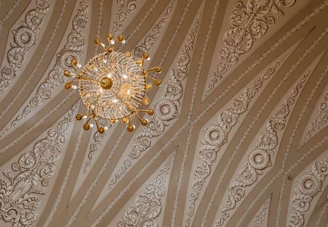 Beige and white ornate ceiling with a circular leaf pattern