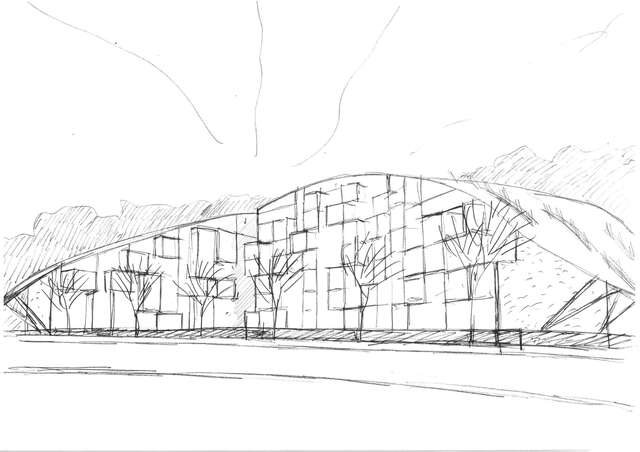 Sketch of a building with a curved roof.