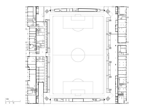 Drawing of a hybrid football stadiums spectators' floor.