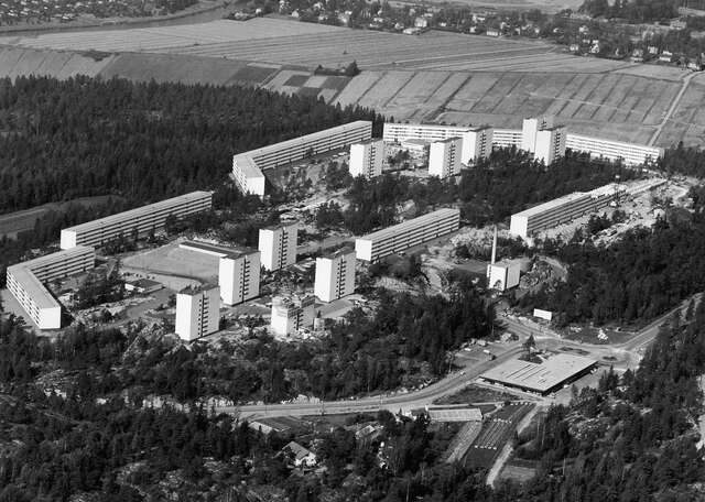 Black and white picture of the residential area with high-rises and its surrounding nature