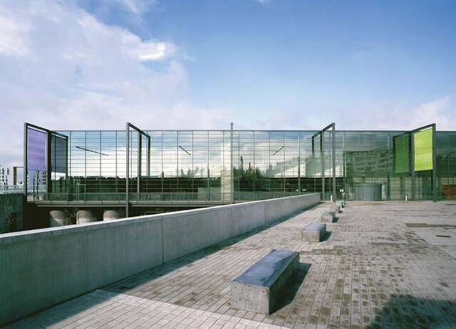 Glass façade of the main entrance