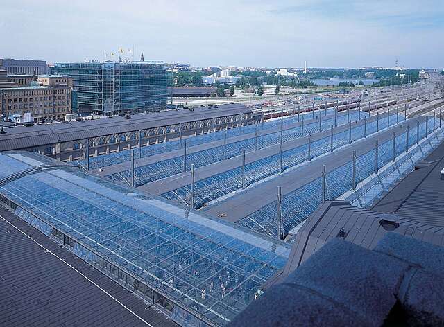 Glass and metal elemented platform roofing from above