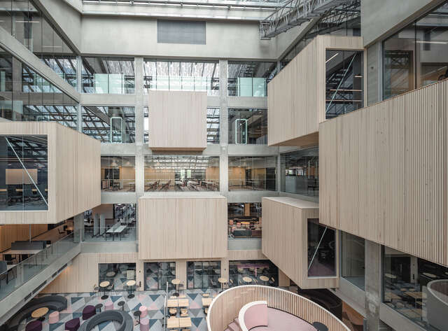 Interior view of a large building with an opening in the middle