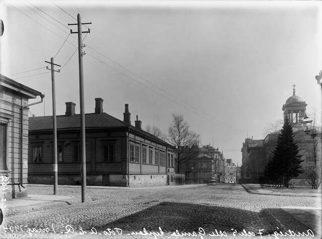 Street view of the the old church from a cobblestone road.