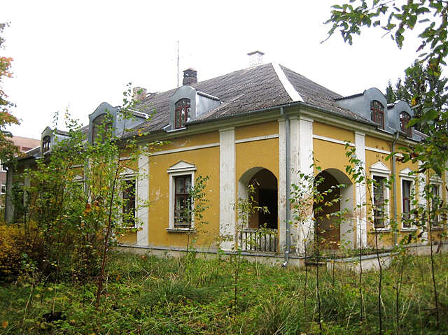 Old yellow house with white decorative elements and grid windows, the paint has chipped in several points.