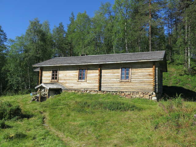 A wooden house with a grassy yard and a forest in the background.