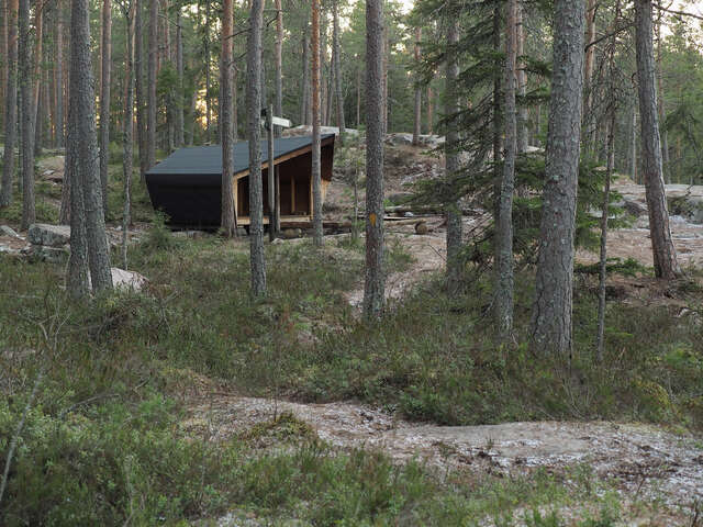A small wooden structure can be seen behind trees in a forest.