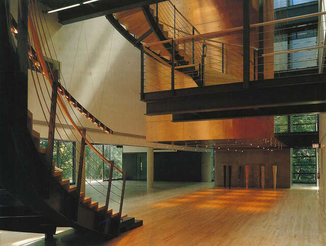 Foyer of an embassy with wooden details