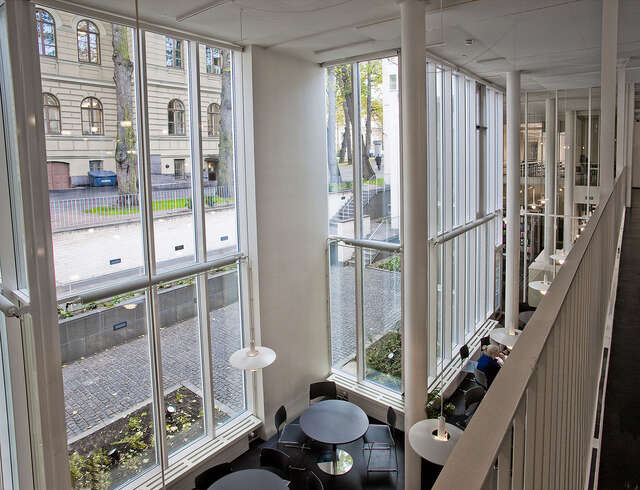 View of the hall and the street outside from the second level.