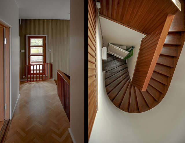 A combined picture with a hallway and a wooden staircase.