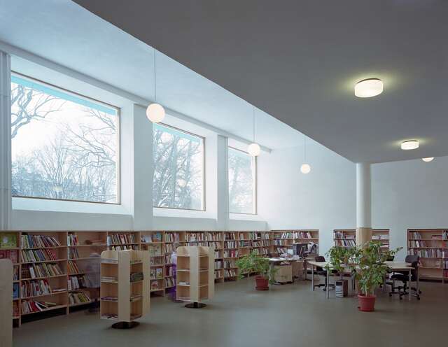 Library with wooden bookshelves, houseplants and a tall ceiling, large window are positioned above the bookshelves.
