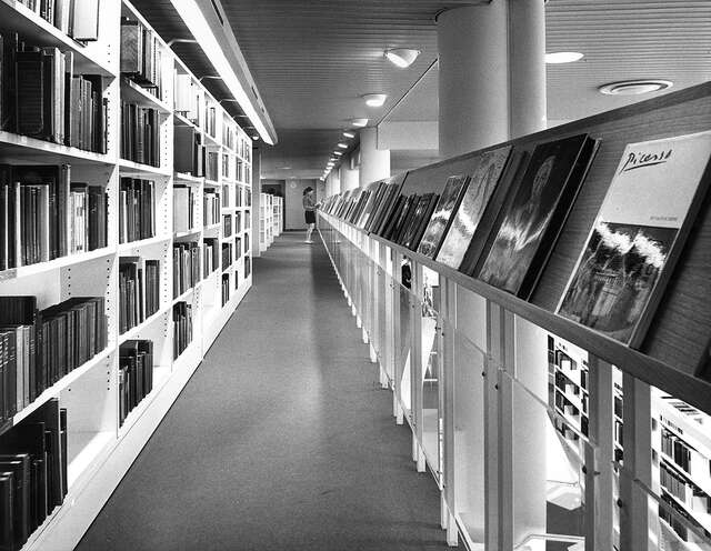 Hallway with bookshelves on both sides.