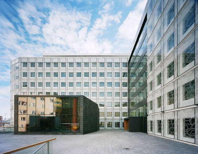 Courtyard view of a seven-storey office building.