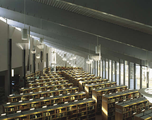 Overview of eh bookshelves viewed from the roof.