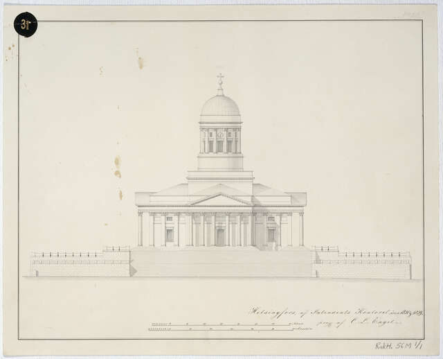 Drawing with the cathedral in the middle on top of stairs and balconies on both sides