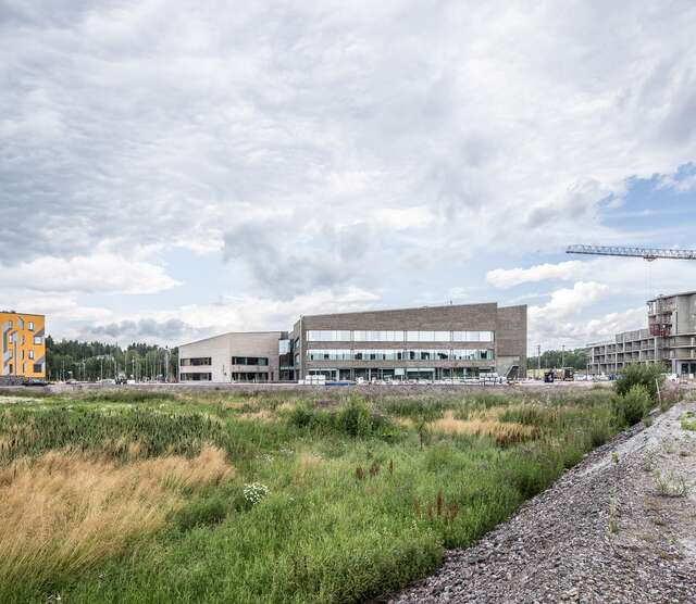 Facade of te building behind a meadow.