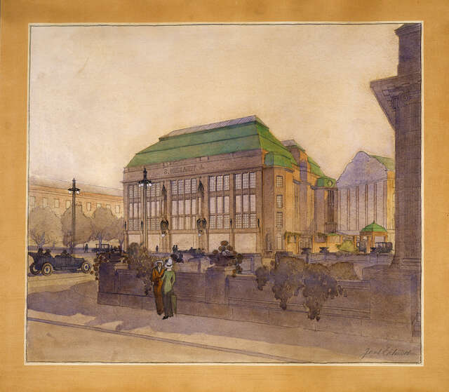 Drawing of a brick building