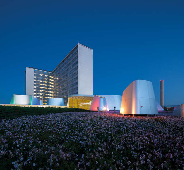 Lower rounded buildings in front of a hospital tower