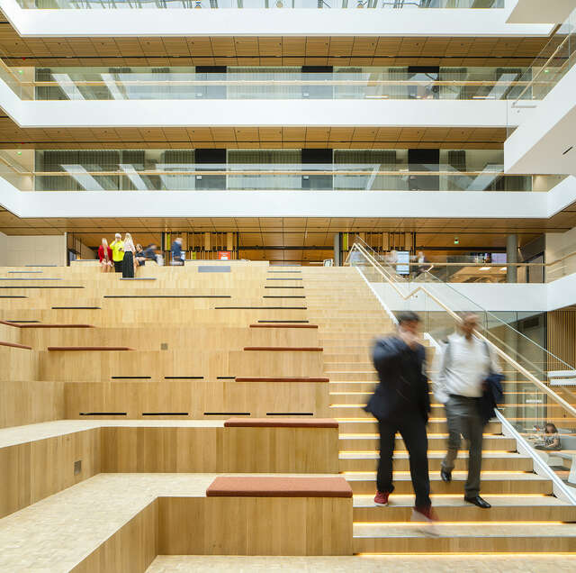 Lobby in an atrium space running through the whole highth of the building