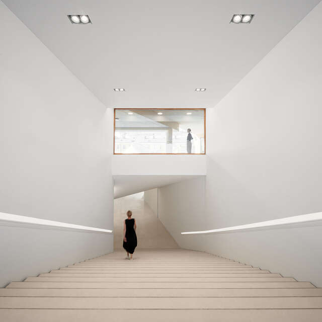 Wide white staircase leading downstairs with a large glass window at the other side on top showing people walking by.