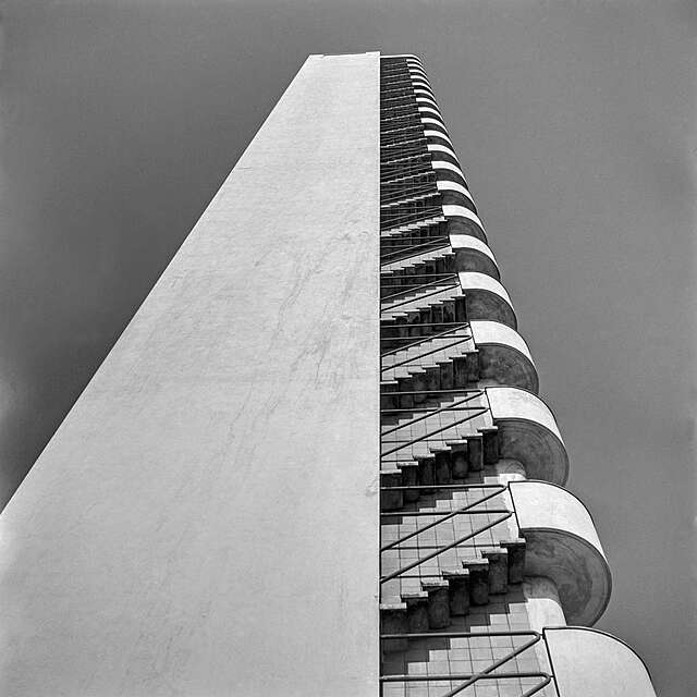 Functionalist tower detail from below towards the sky