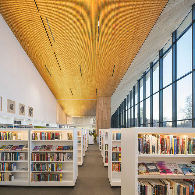 Inviting library space with warm high wooden ceiling, white bookshelves and a window wall.