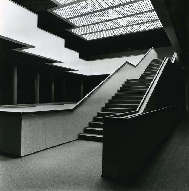 Black and white image of a stairway with white railings and a ceiling window at the top covered by a metal grid.