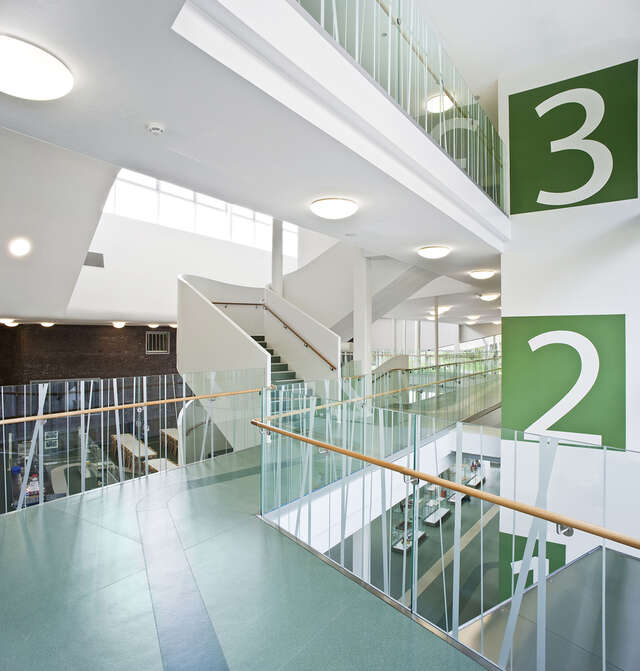 Hallway with glass and wood railings, white stairs and green details.