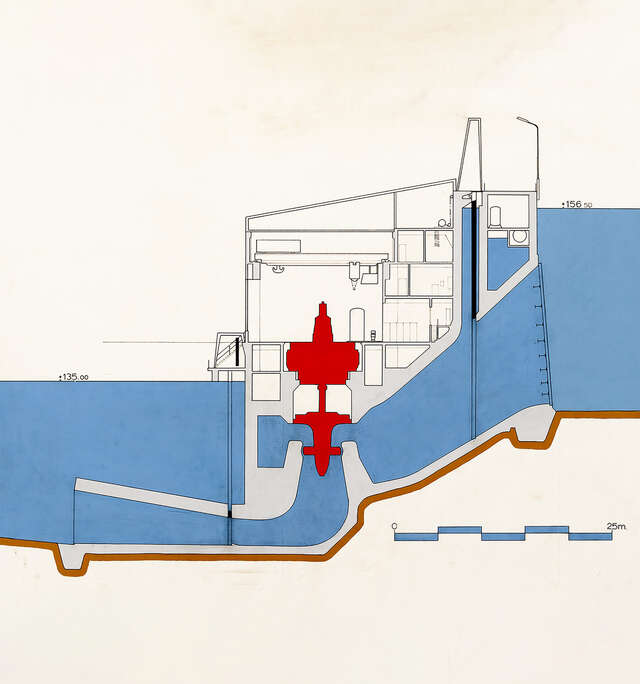 A hand drawn section drawing with blue and red colours