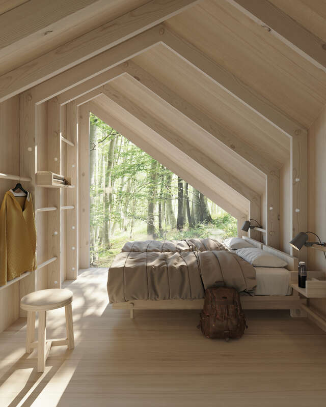 Bedroom with wooden interior and window.