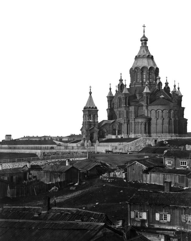 Black and white photograph of the church and its surrounding in its completion year