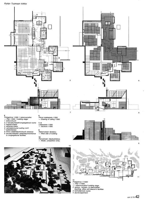 Floorplans, elevations, perspective, scale model of St Thomas Church in Oulu