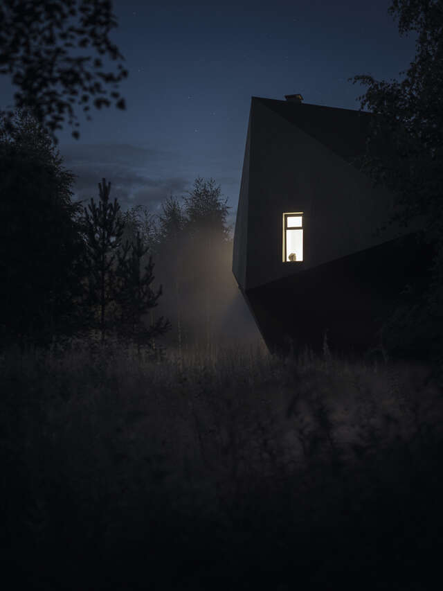 Building exterior at night. Sharp edges of wooden structure barely visible with one window and light.