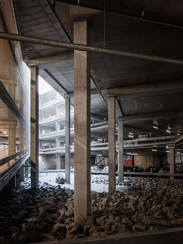 Large concrete pillars and gravel