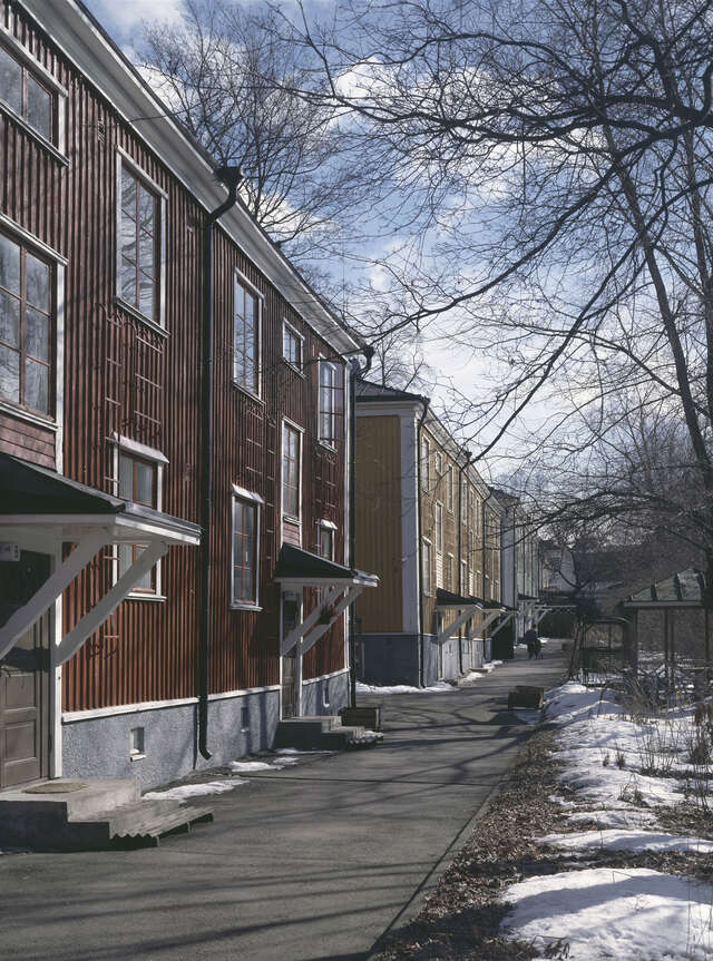 Row of identical houses with different facade colors.