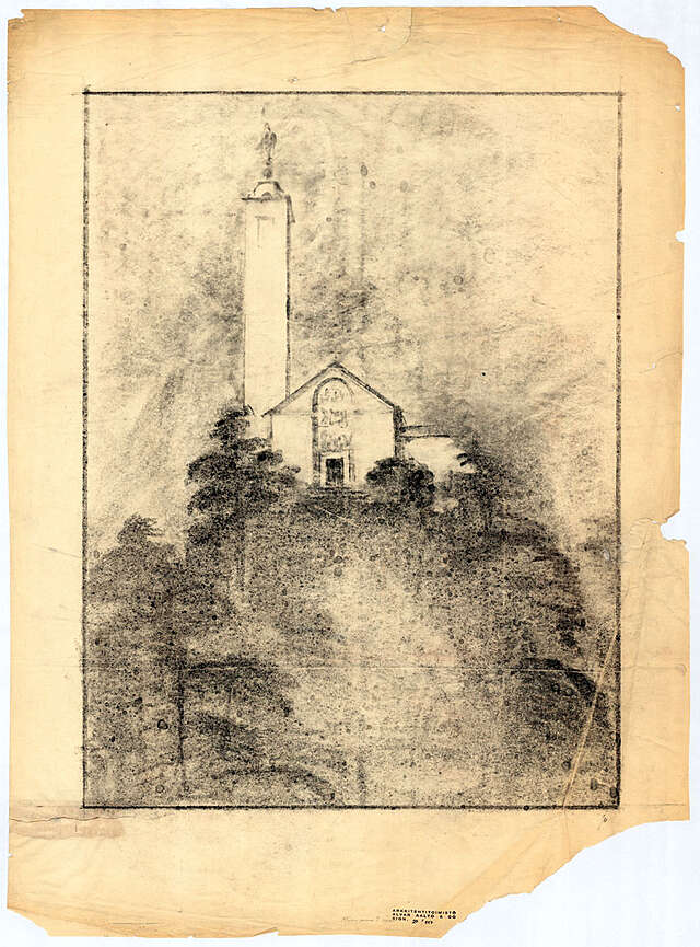 Charcoal drawing of the white Muurame church with its tower on a hill