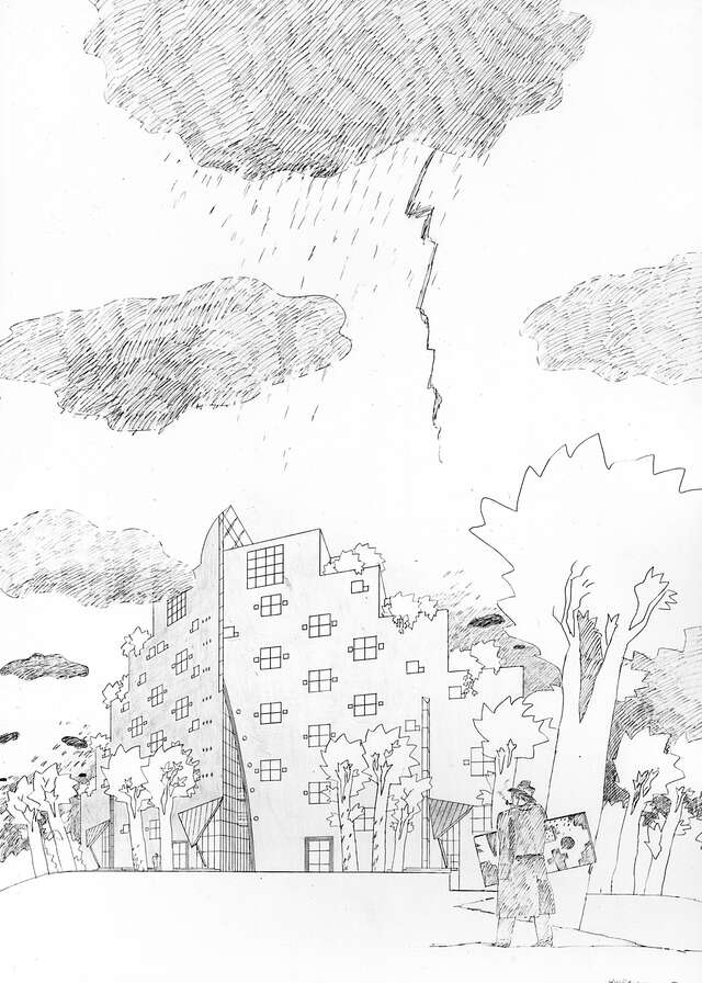 Black and white drawing of the building block with a character walking towards the house in dark clouded weather