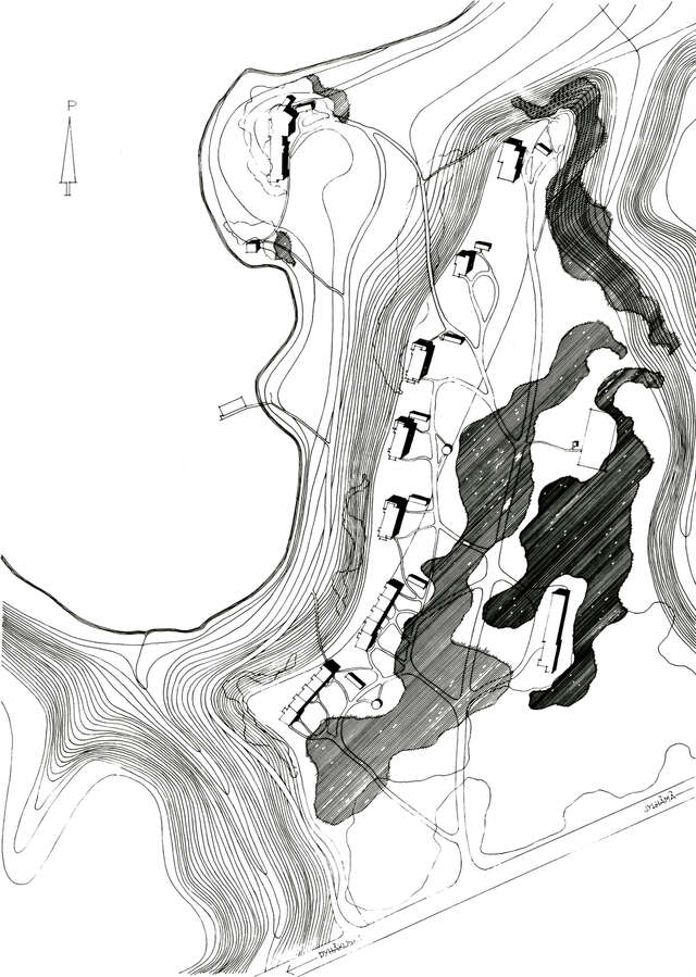 Black and white line drawing of the site shows that the residential houses all situate at the top of a hill and orientate according to the sun movement. All of the houses are roughly orientated along the northeast-southwest axel, allowing each house to receive the morning as well as the evening sun.