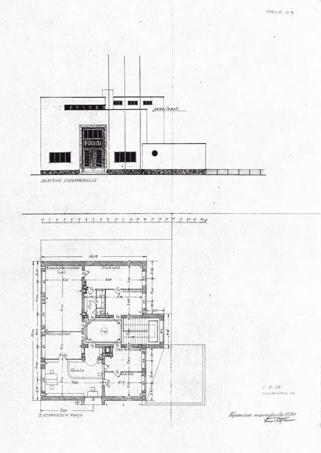 Black and white section drawing and floorplan.