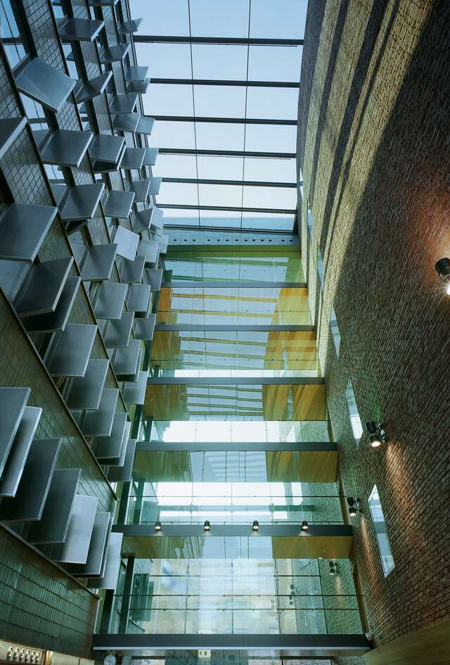 Atrium view with steel, glass and brick elements