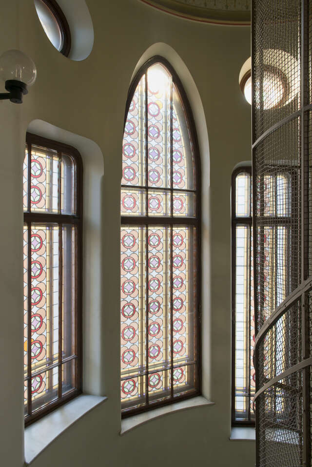 Stained glass windows in the stairway.