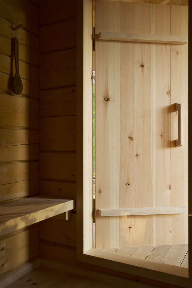 Entrance of a wooden sauna.
