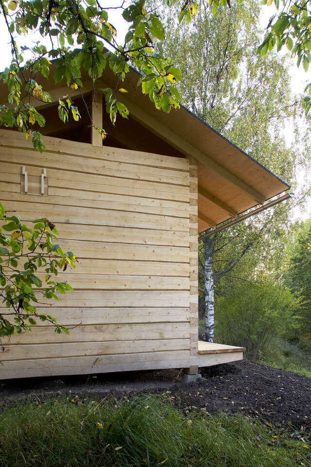 Wooden sauna building.