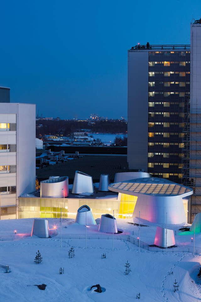 Rounded, futuristic-like elements standing out from the snowy tower landscape