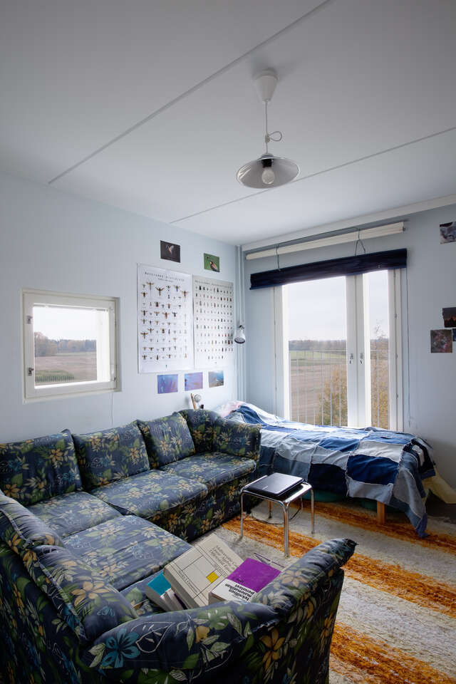 Interior of a student flat with a big sofa, a narrow bed and windows