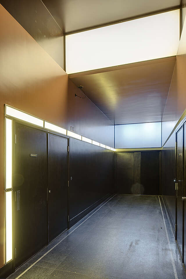 Hallway with black doors and brown walls, the left door is framed by light panels.