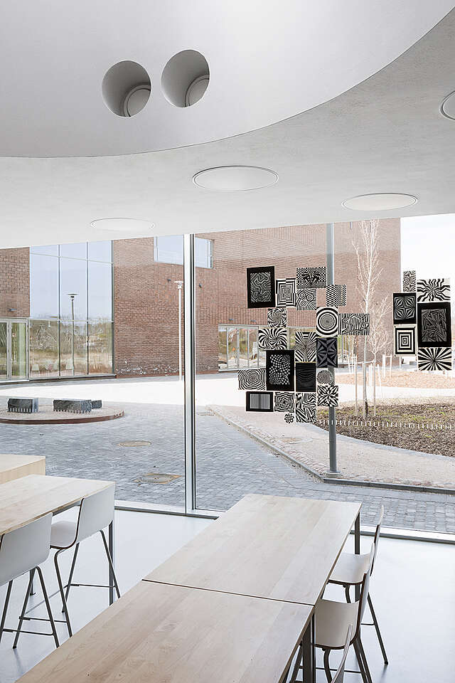 Canteen with glass walls.