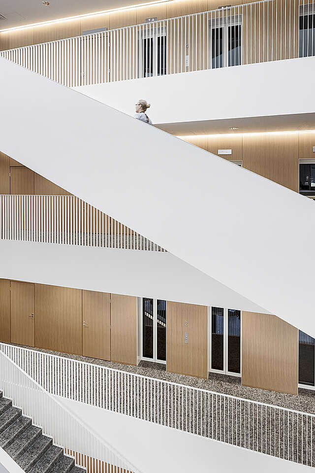 White staircase with different level hallways in the back with wood covered walls.